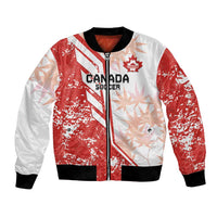 Red and white Canada soccer bomber jacket with zip front, maple leaf print, black rib trim