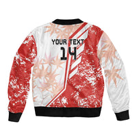 Red and white bomber jacket with black ribbed cuffs, zip front, YOUR TEXT and 14 print