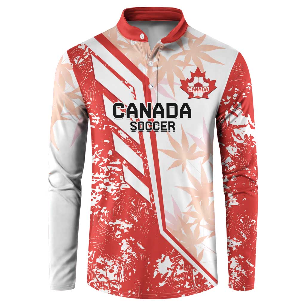 Red and white Canada soccer button sweatshirt with leaf pattern and crest on chest