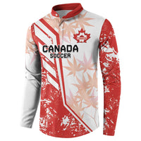 Red and white Canada soccer button sweatshirt with leaf pattern, long sleeves, crest