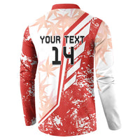 Back of red and white button sweatshirt with vertical stripe and 'YOUR TEXT 14'