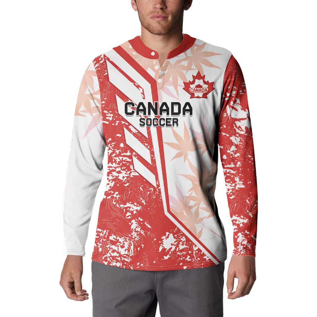 Red and white Canada soccer button sweatshirt with crest, button placket, long sleeves