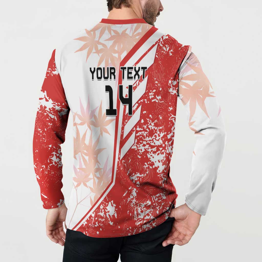 Back view of red and white button sweatshirt with 'YOUR TEXT 14' on vertical stripe