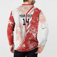 Back view of red and white button sweatshirt with 'YOUR TEXT 14' on vertical stripe