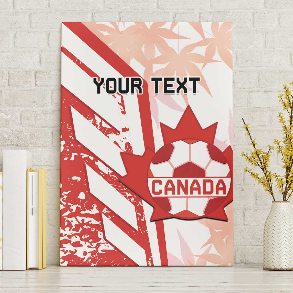 Red Canada soccer canvas wall art with maple leaf, soccer ball, and “Your Text”