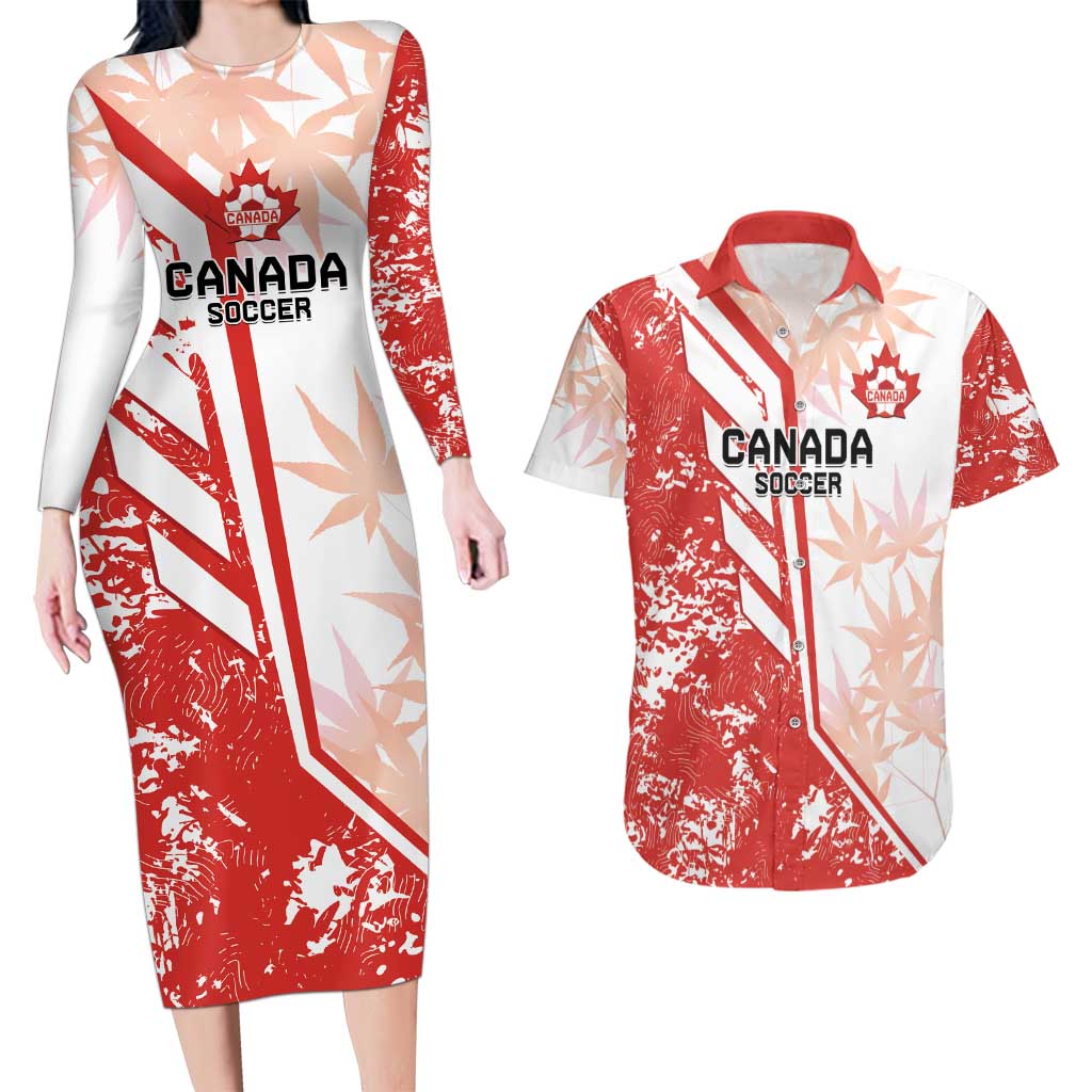 Custom Canada Soccer Couples Matching Long Sleeve Bodycon Dress and Hawaiian Shirt Les Rouges Sporty Style - Wonder Print Shop