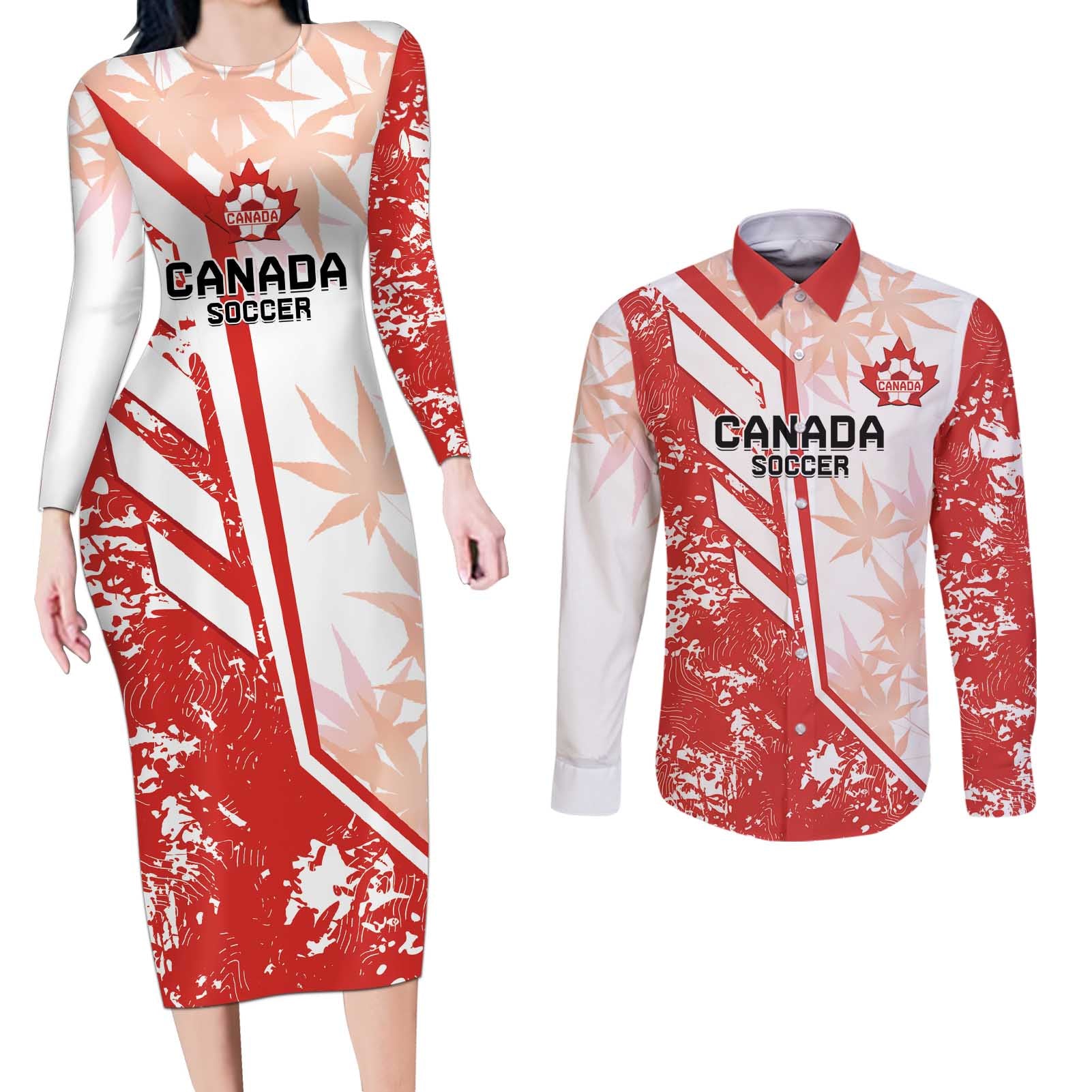 Custom Canada Soccer Couples Matching Long Sleeve Bodycon Dress and Long Sleeve Button Shirt Les Rouges Sporty Style - Wonder Print Shop