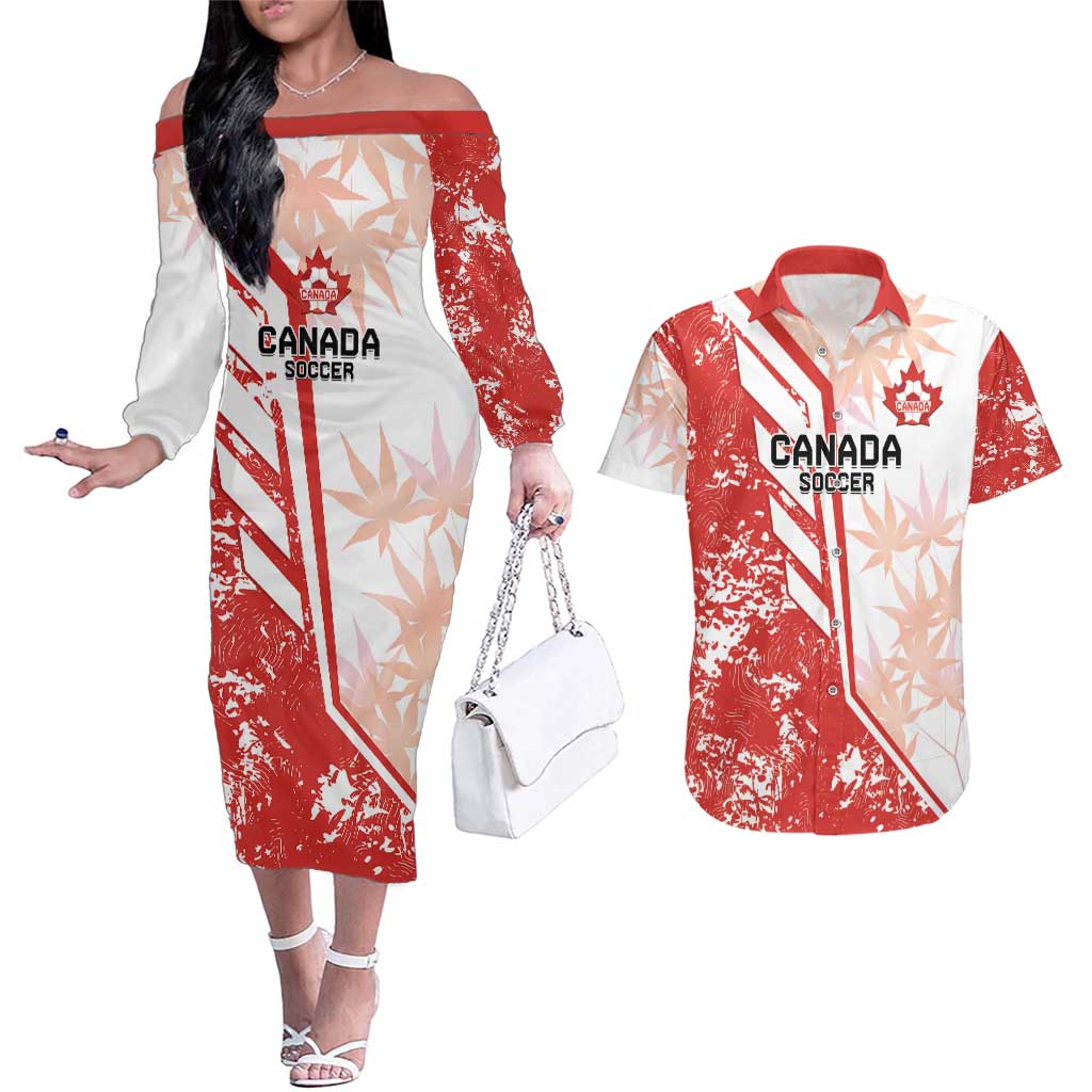 Custom Canada Soccer Couples Matching Off The Shoulder Long Sleeve Dress and Hawaiian Shirt Les Rouges Sporty Style - Wonder Print Shop