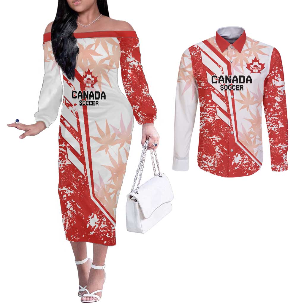 Custom Canada Soccer Couples Matching Off The Shoulder Long Sleeve Dress and Long Sleeve Button Shirt Les Rouges Sporty Style