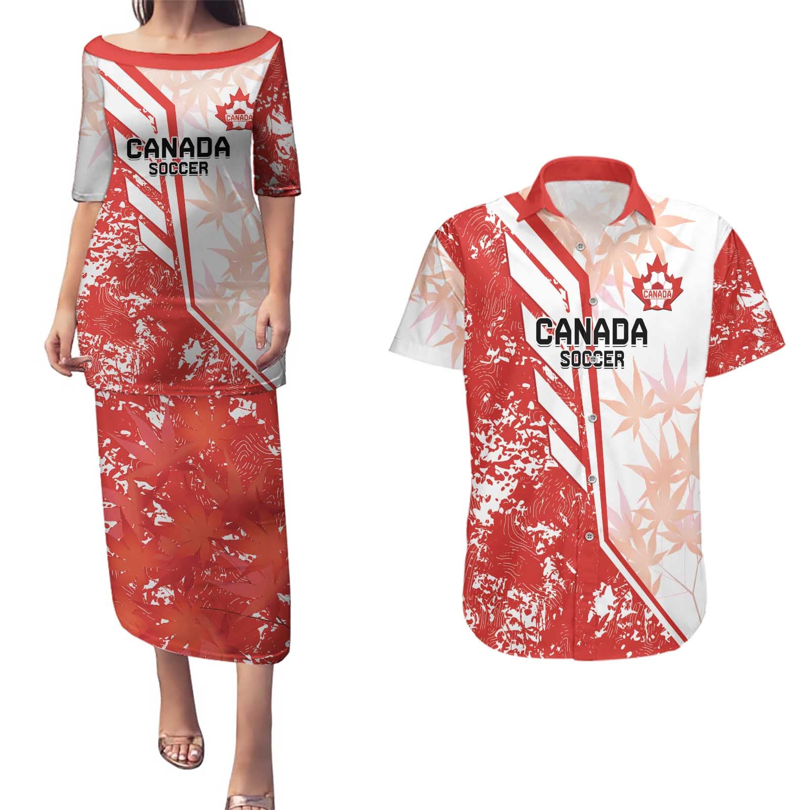 Custom Canada Soccer Couples Matching Puletasi and Hawaiian Shirt Les Rouges Sporty Style - Wonder Print Shop