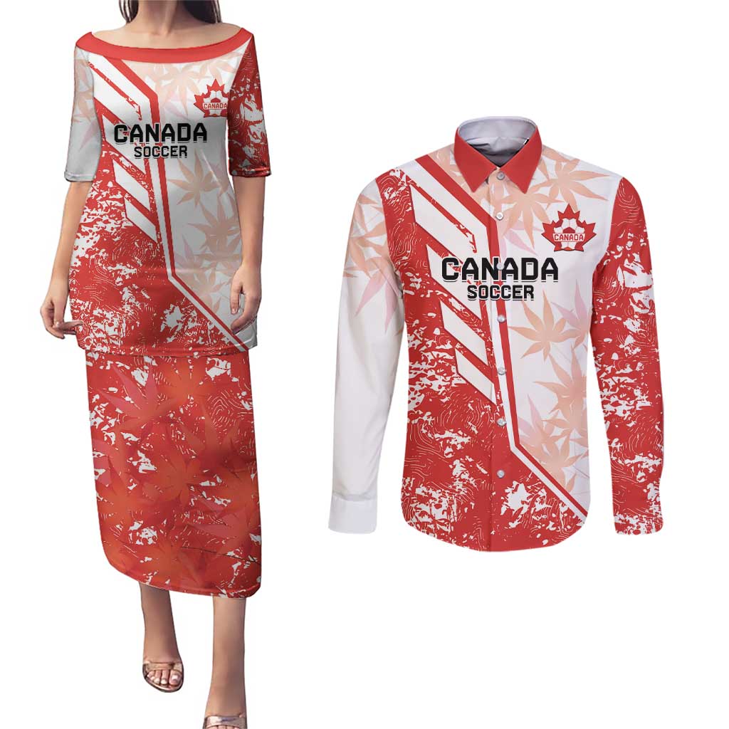 Custom Canada Soccer Couples Matching Puletasi and Long Sleeve Button Shirt Les Rouges Sporty Style - Wonder Print Shop