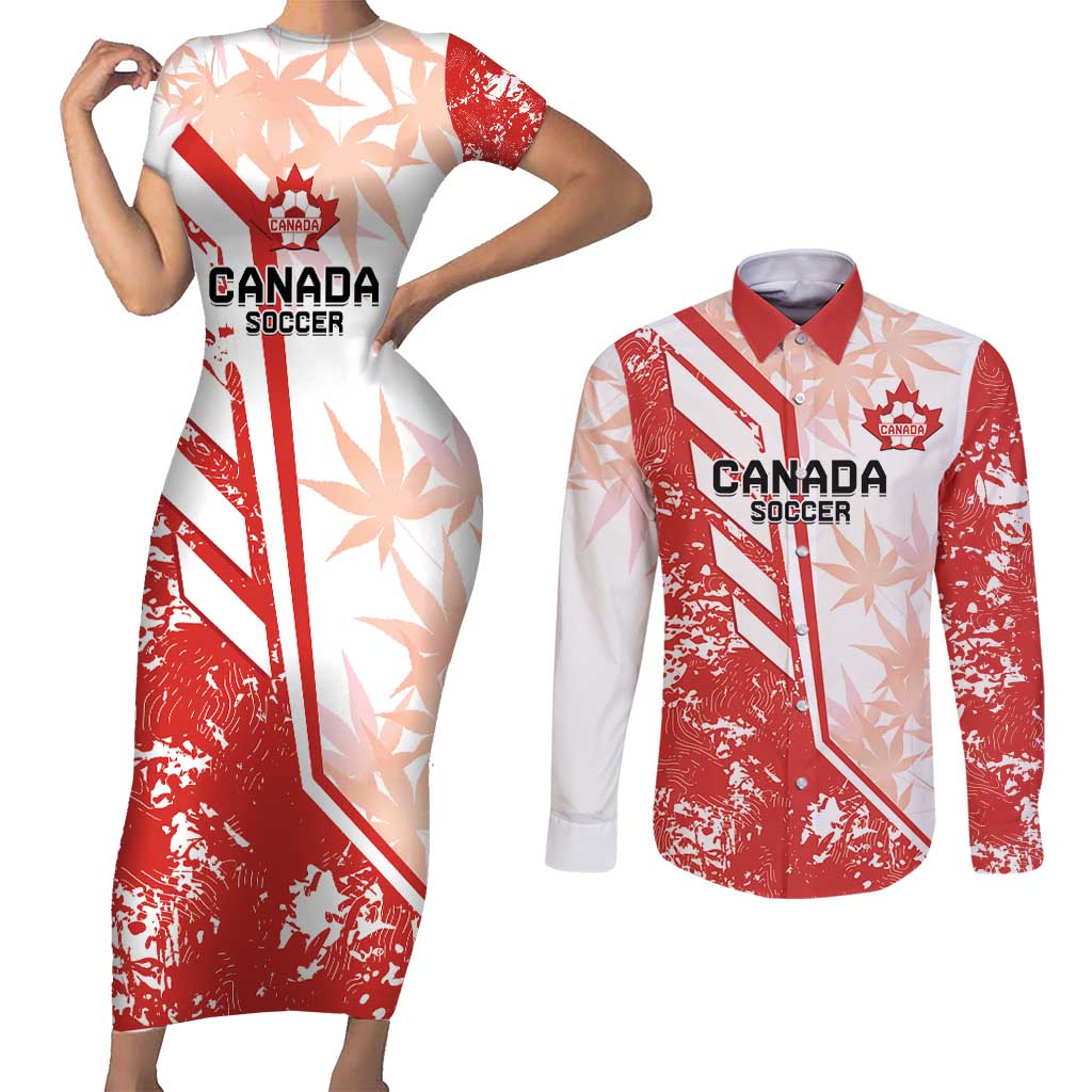 Custom Canada Soccer Couples Matching Short Sleeve Bodycon Dress and Long Sleeve Button Shirt Les Rouges Sporty Style - Wonder Print Shop