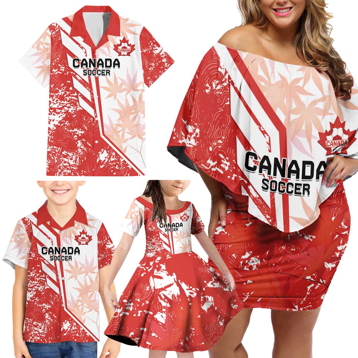 Custom Canada Soccer Family Matching Off Shoulder Short Dress and Hawaiian Shirt Les Rouges Sporty Style - Wonder Print Shop