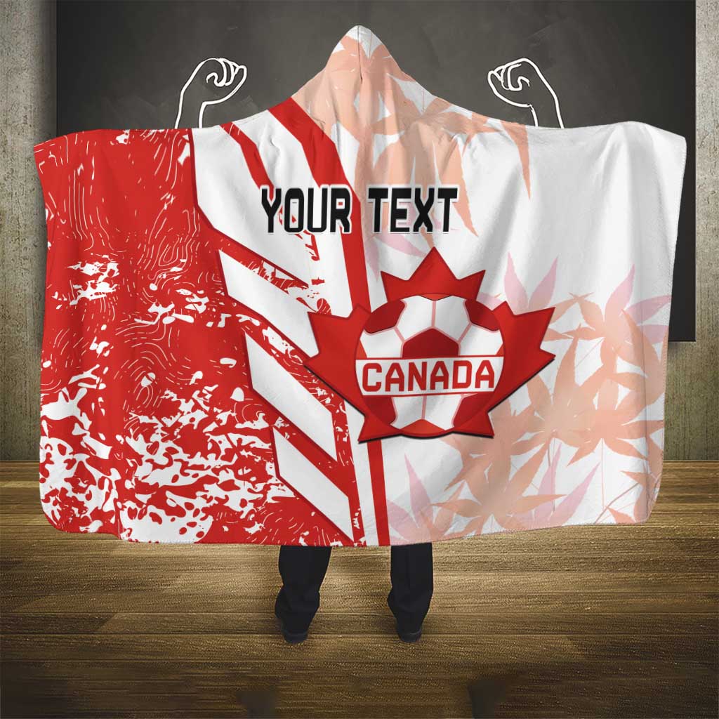Hooded red and white Canada soccer blanket with Canada shield and your custom text centered.