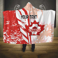 Hooded red and white Canada soccer blanket with Canada shield and your custom text centered.