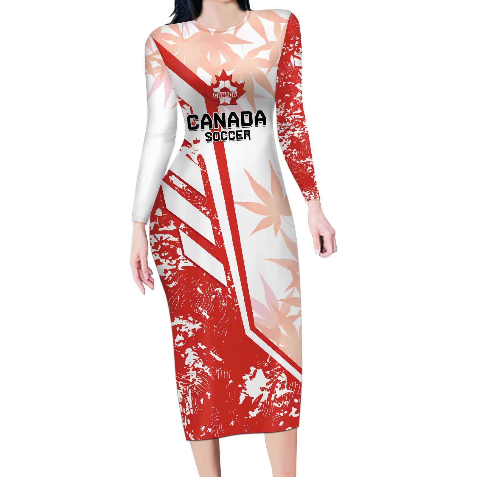 Custom Canada Soccer Long Sleeve Bodycon Dress Les Rouges Sporty Style - Wonder Print Shop