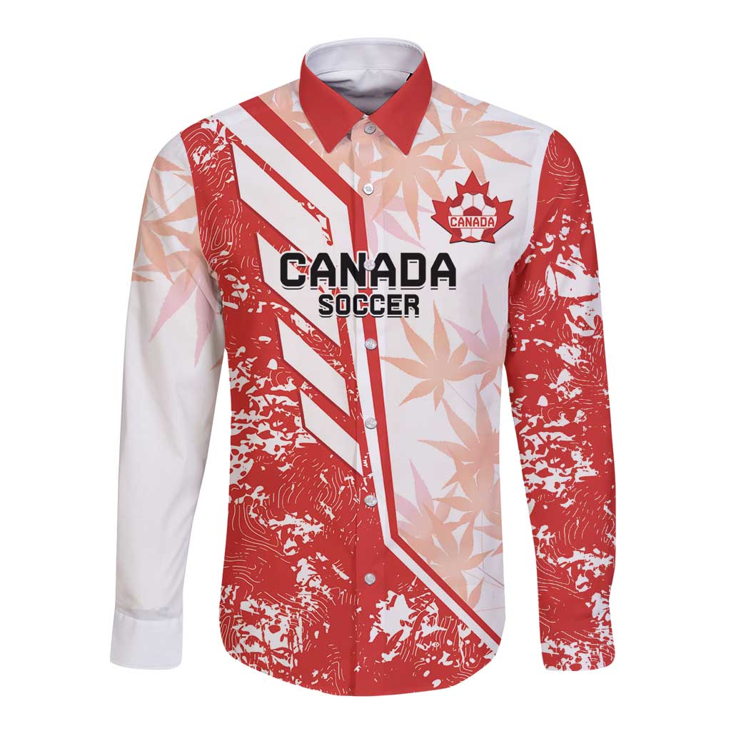 Canada soccer long-sleeve button shirt in red and white with front crest