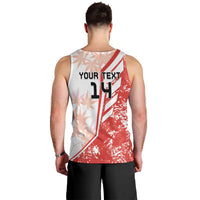 Men's red and white soccer tank top, back view with numbered design and text