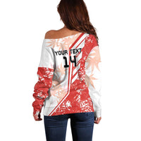 Red and white off-shoulder sweatshirt, back shows YOUR TEXT and 14 number graphic