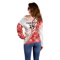 Red and white off-shoulder Canada Soccer sweatshirt, back graphic with YOUR TEXT