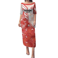 Red long soccer dress with white sleeves, Canada Soccer logo, diagonal graphic stripes