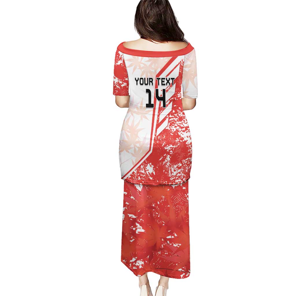 Red long soccer dress with white sleeves, custom text 14, diagonal stripe graphics