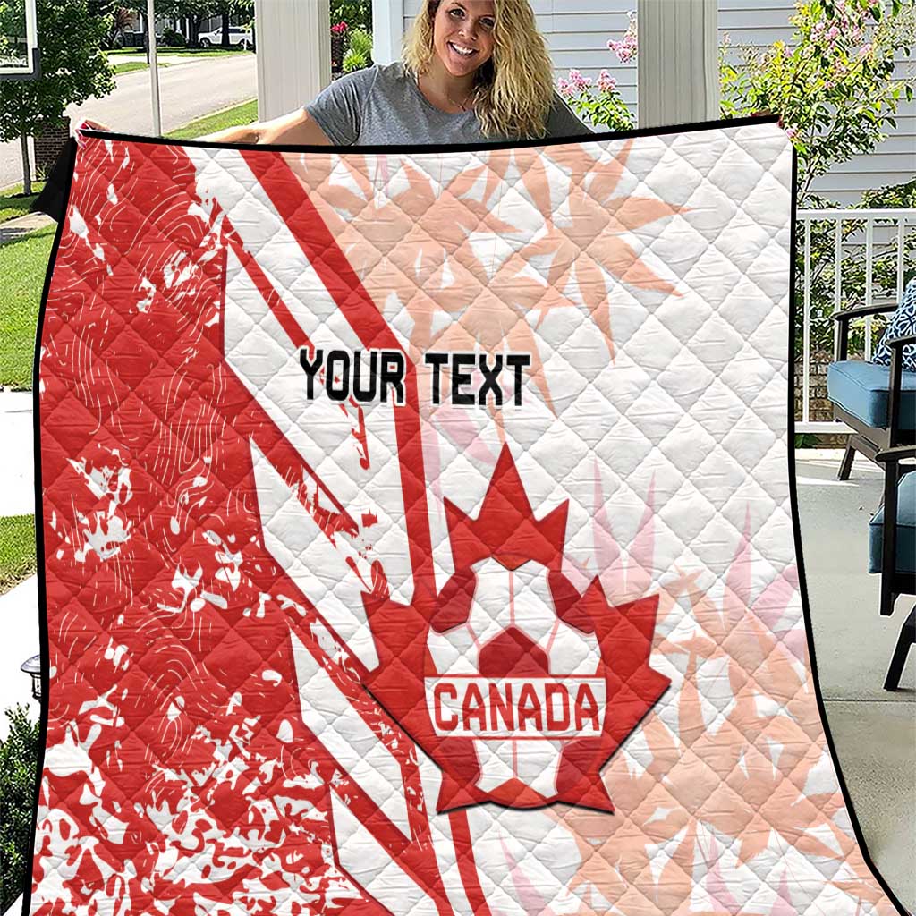 Red and white Canada soccer quilt close view, with maple leaf and “Your Text”
