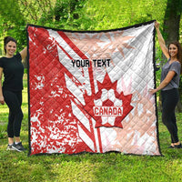 Red and white Canada soccer quilt with quilted pattern, maple leaf and “Your Text” center