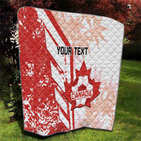 Red and white Canada soccer quilt standing outdoors, quilted look with maple leaf and “Your Text”