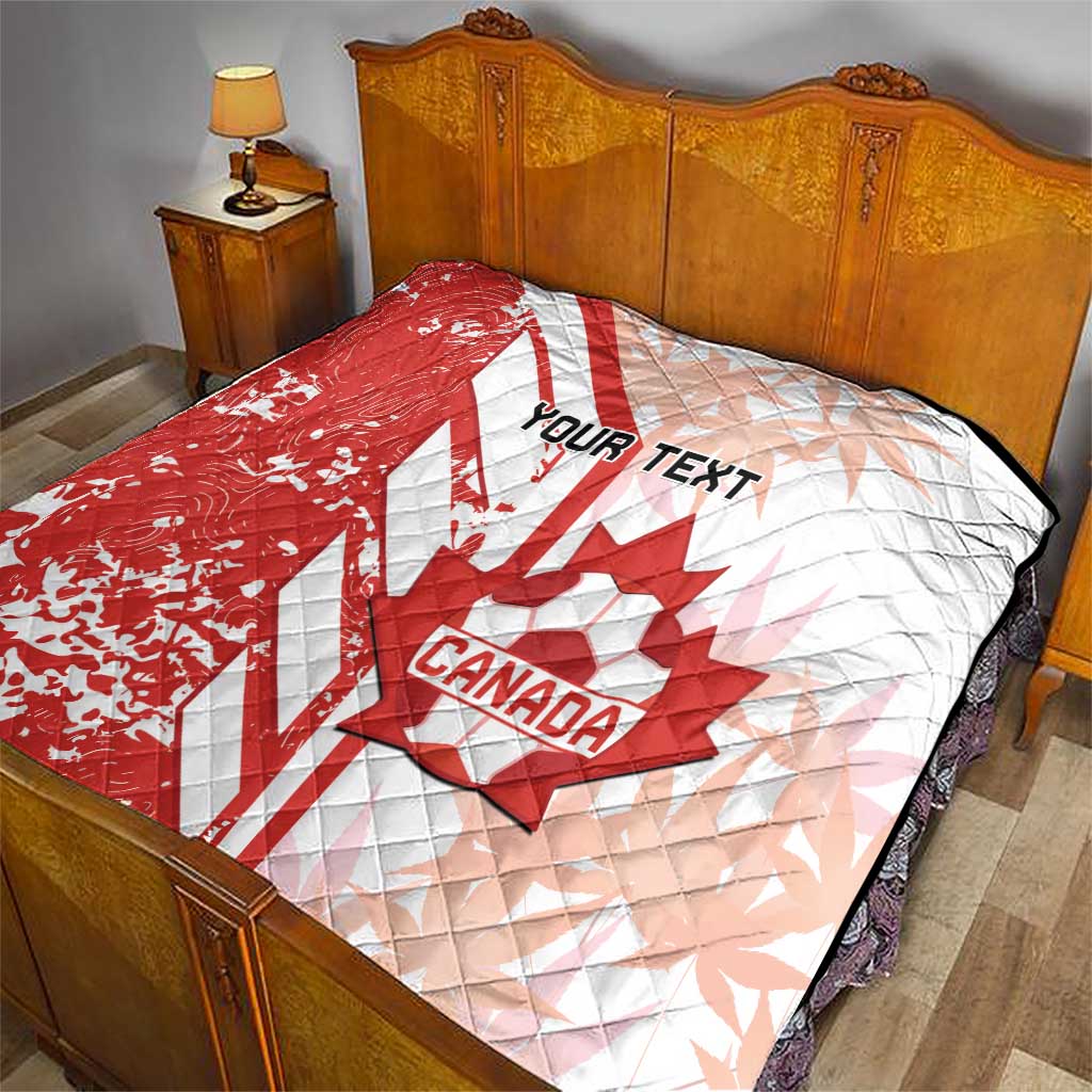 Red and white Canada soccer quilt draped on bed, with maple leaf and “Your Text”