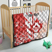 Red and white Canada soccer quilt on baby crib, with maple leaf and “Your Text”