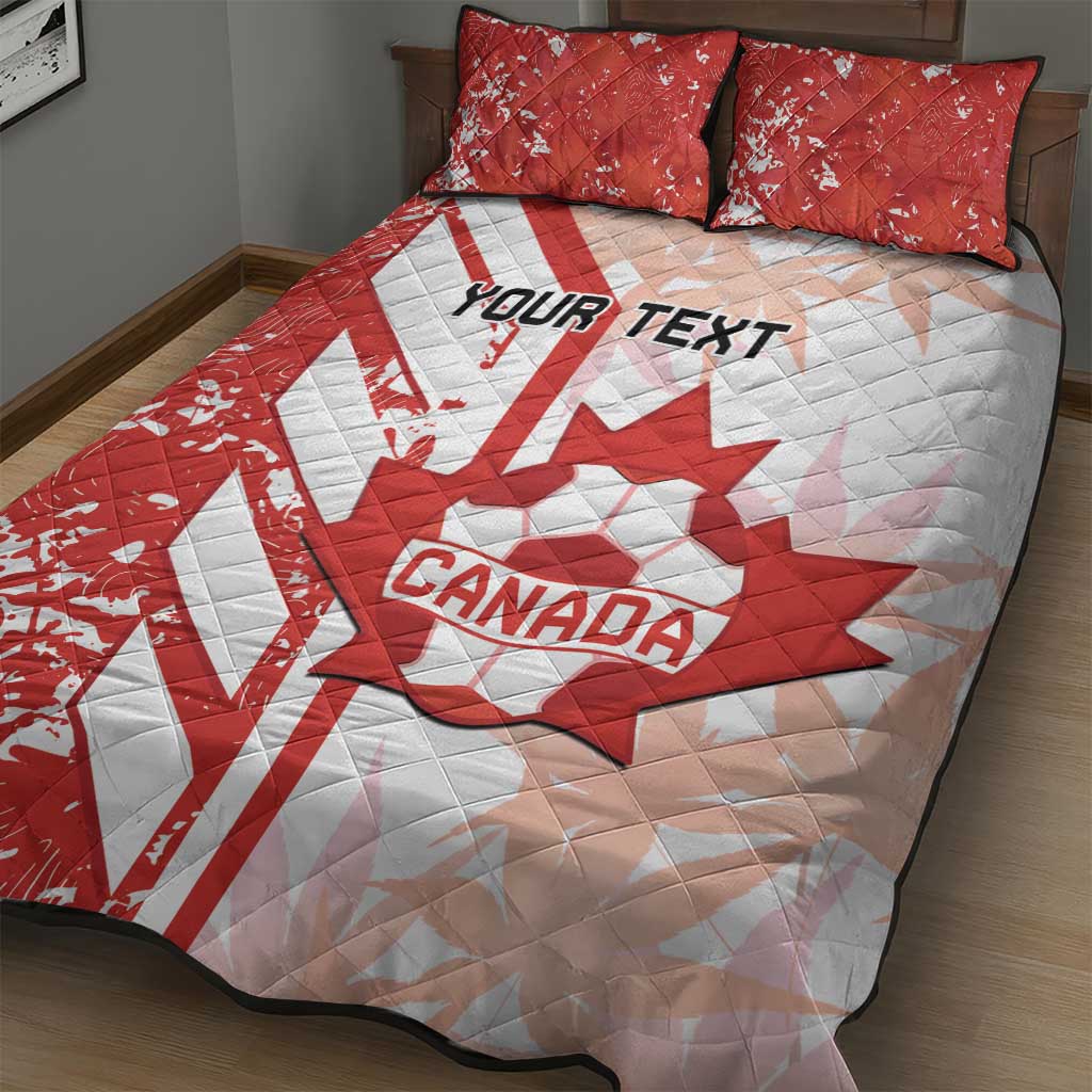 Red and white Canada-themed quilt bed set with 2 pillow shams, 'Your Text'.