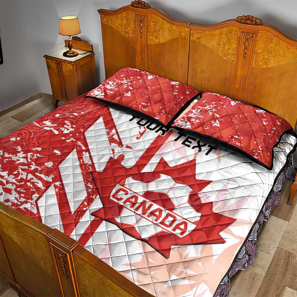 Red and white Canada quilt bed set with 2 pillow shams and 'Your Text' print.