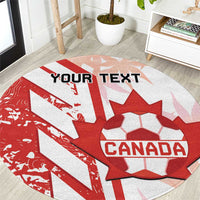 Red and white round carpet with Canada crest, soccer graphics, and custom text