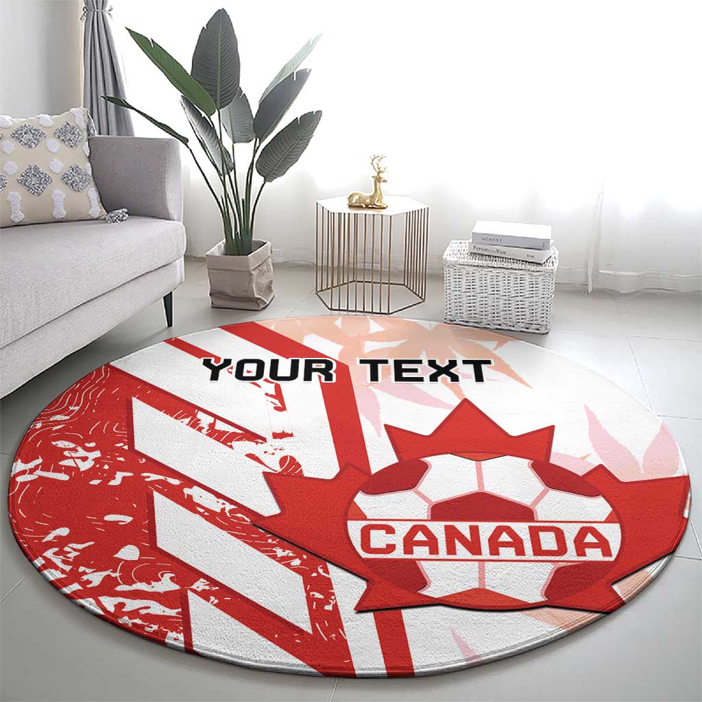 Red and white round carpet with Canada crest, hexagon soccer graphic, and custom text