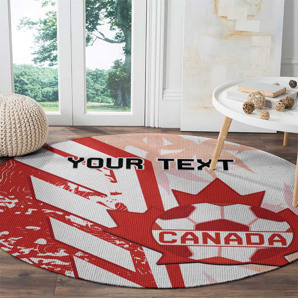 Red and white circular sports carpet with Canada crest and custom text design