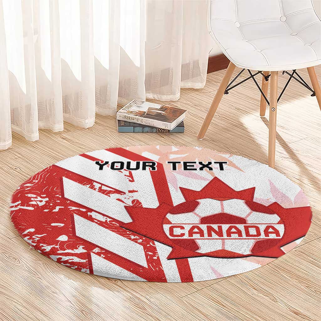 Red and white round carpet with Canada crest and custom text sports pattern