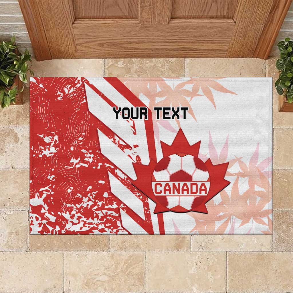 Red and white custom Canada soccer doormat showing your text and Canada emblem
