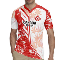 Canada soccer rugby jersey on model, red/white leaf print, V collar, Canada logo front