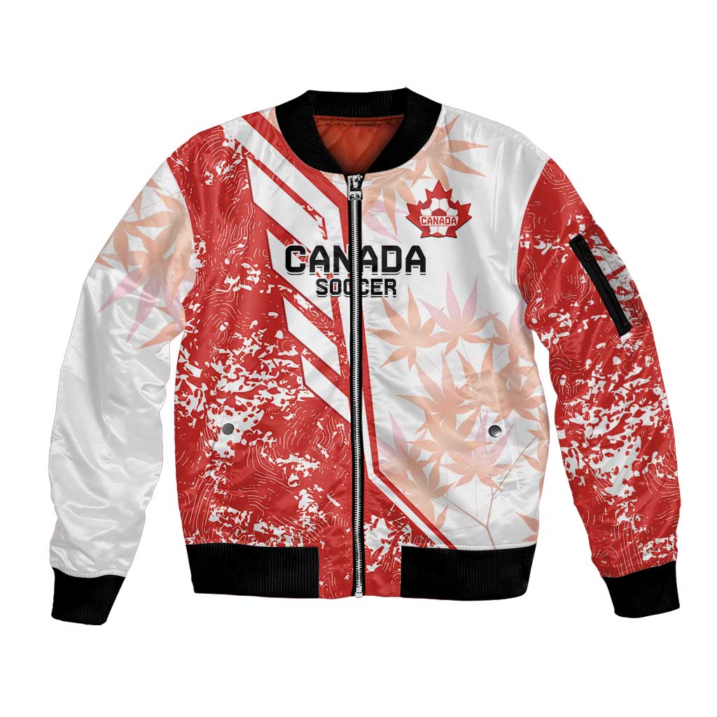 Red and white zip-up bomber jacket with Canada Soccer crest, maple-leaf graphics, ribbed cuffs