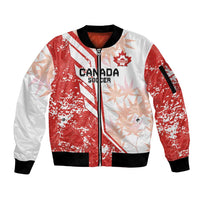 Red and white zip-up bomber jacket with Canada Soccer crest, maple-leaf graphics, ribbed cuffs
