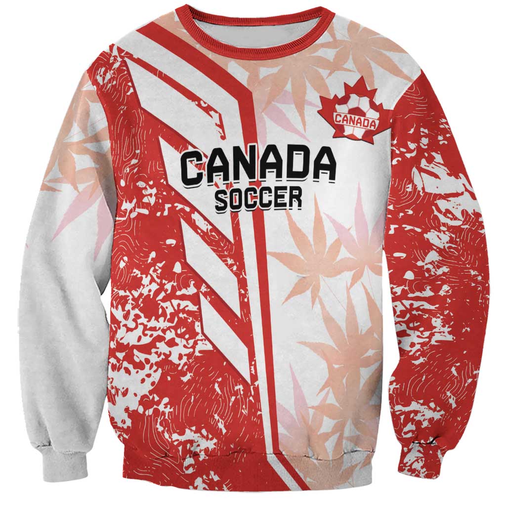 Red and white graphic Canada soccer sweatshirt with crew neck and long sleeves