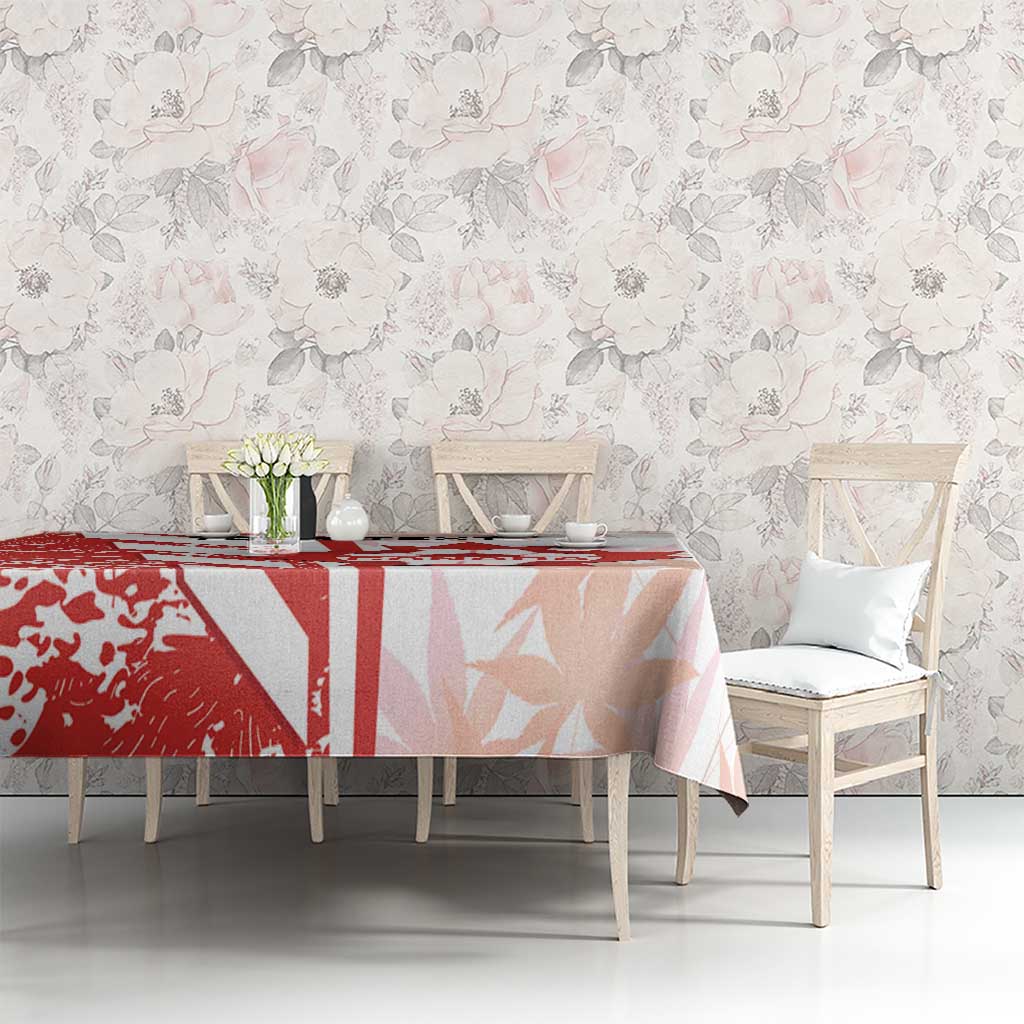 Canada tablecloth in red and white on dining table against floral wallpaper backdrop