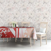 Canada tablecloth in red and white on dining table against floral wallpaper backdrop