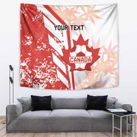 Red and white Canada soccer wall tapestry with maple leaf ball emblem and “Your Text”