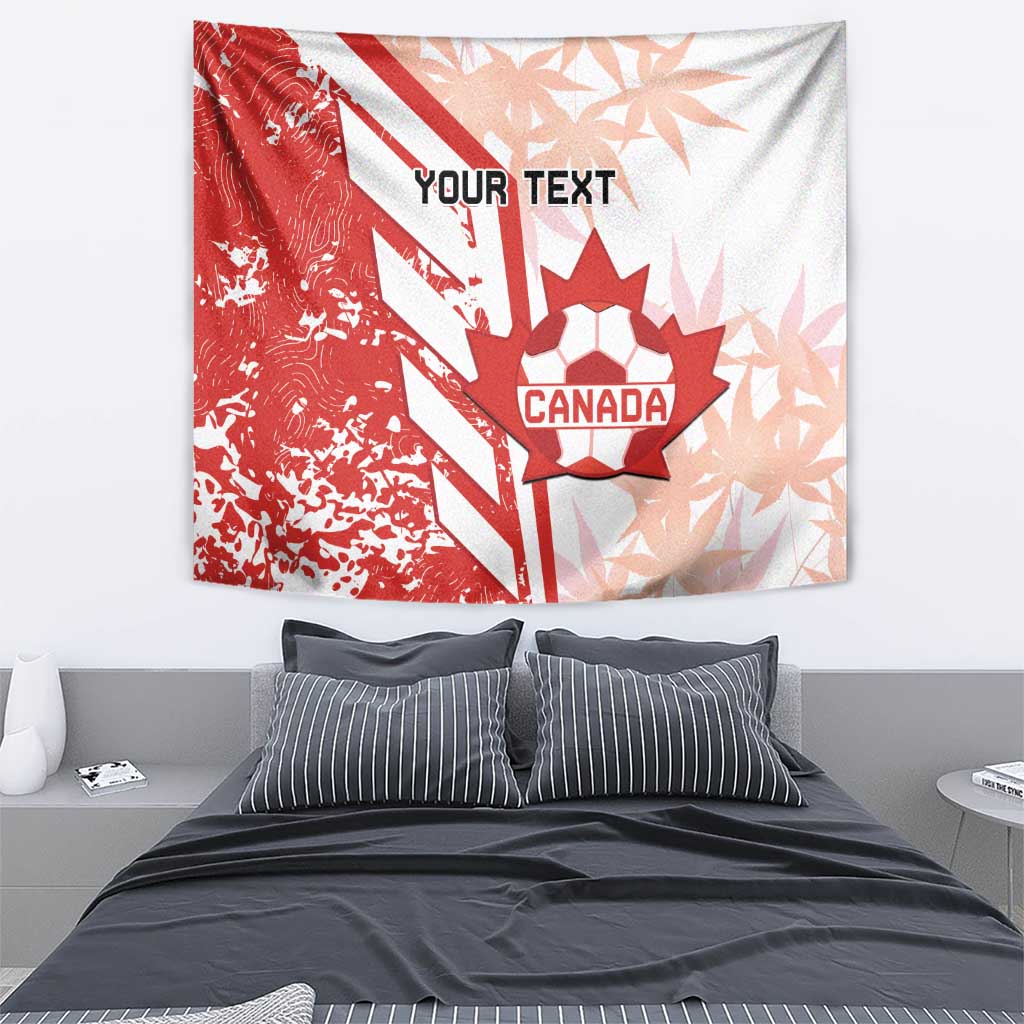 Red and white Canada soccer tapestry with maple leaf ball graphic and “Your Text”