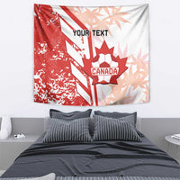 Red and white Canada soccer tapestry with maple leaf ball graphic and “Your Text”