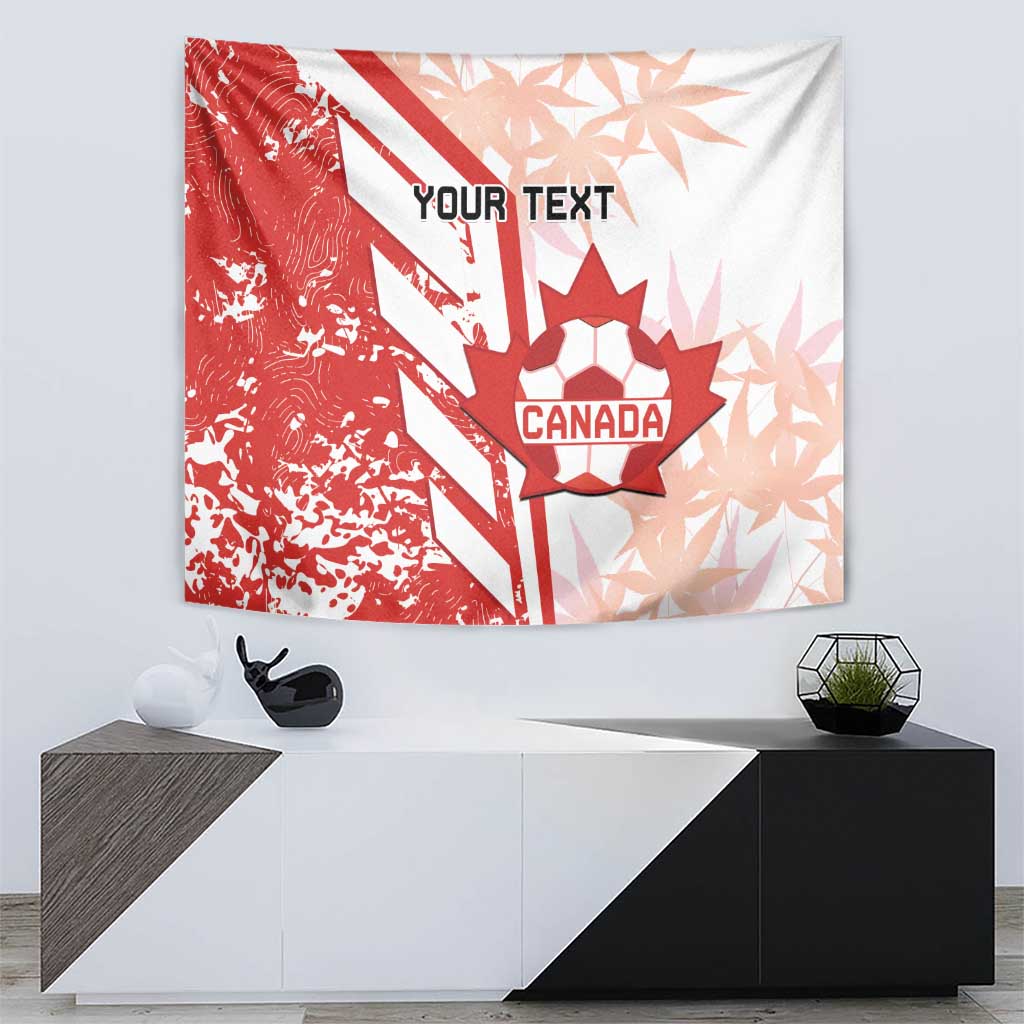 Red and white Canada soccer tapestry with maple leaf ball and “Your Text”