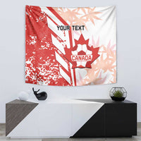 Red and white Canada soccer tapestry with maple leaf ball and “Your Text”