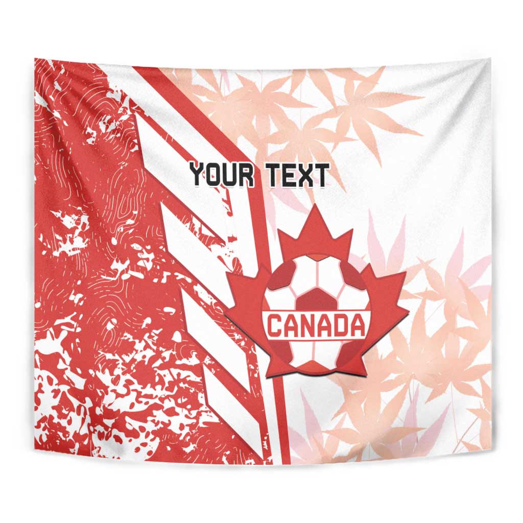 Red and white Canada soccer tapestry featuring a maple leaf ball and “Your Text”